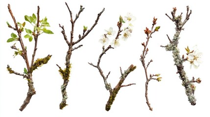 Fototapeta premium Mossy tree branches with small blooms, blending rustic charm and natural textures for creative botanical visuals.