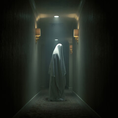 A mysterious ghost figure standing in a vintage, dimly lit hotel hallway, creating a spooky ambiance.