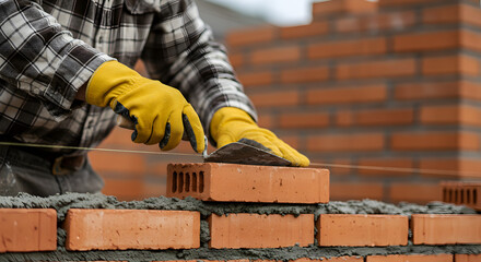 Construction Worker Carefully Laying Red Bricks with Trowel and Mortar Wearing Yellow Gloves on a Cloudy Day