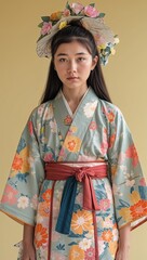 Hmong female teen wearing floral spring yukata on a temple gate background