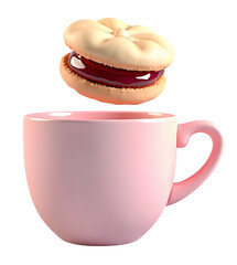Pink cup with stuffed jam cookie floating above it in delightful scene,cut out
