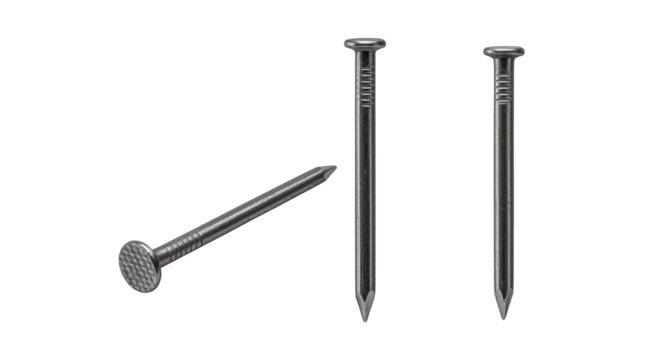 Isolated Three Metal Nails Showing Construction Fasteners