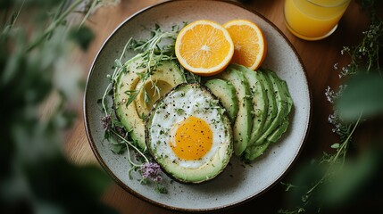 A vibrant and healthy breakfast scene featuring avocado toast, citrus slices, and fresh juice, bathed in natural light.