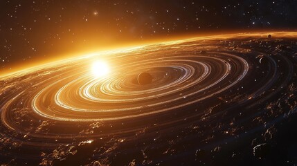 Obraz premium Stunning cosmic event sun rising over planetary rings outer space digital artwork celestial environment wide-angle view