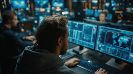 A cybersecurity team works in a high-tech office, analyzing and mitigating cyber threats using advanced artificial intelligence tools.