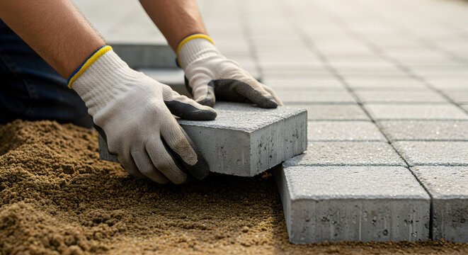 Construction Worker Installing Gray Paving Stones with White Gloves on Sandy Ground on a Sunny Day with Bright Light