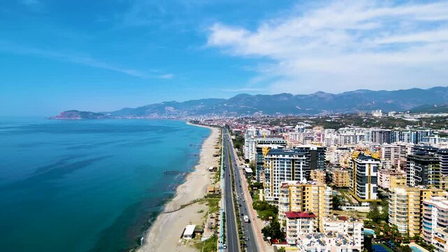 Aerial Drone View of Alanya City, Castle, and Coastline on a Sunny Summer Day