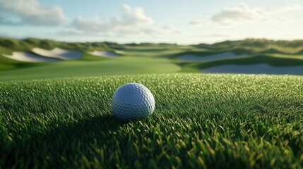 golf ball surrounded by freshly cut grass, with the view of a challenging sand bunker in the background, bathed in afternoon light