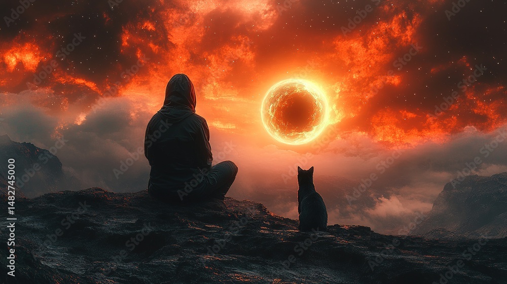 Poster eclipse reflection mountain summit digital art atmospheric scene silhouette view journey of discover