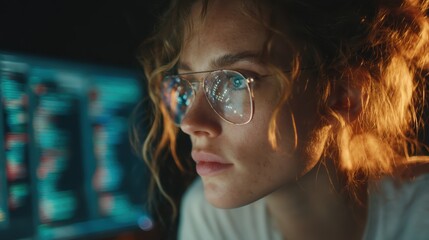 A female software developer works on a complex security protocol while a holographic shield glows on her computer screen, securing her work.