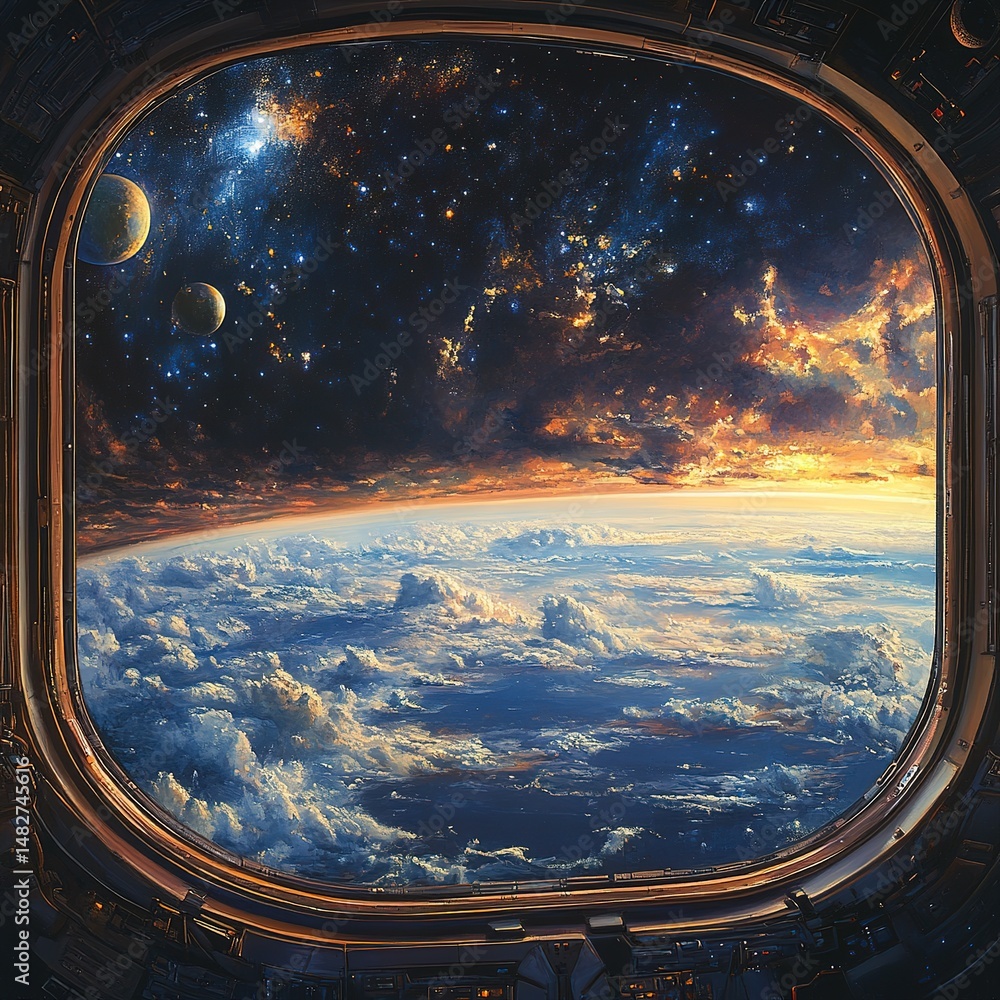Aufkleber celestial view of planets and clouds from space station outer space digital art cosmic environment w