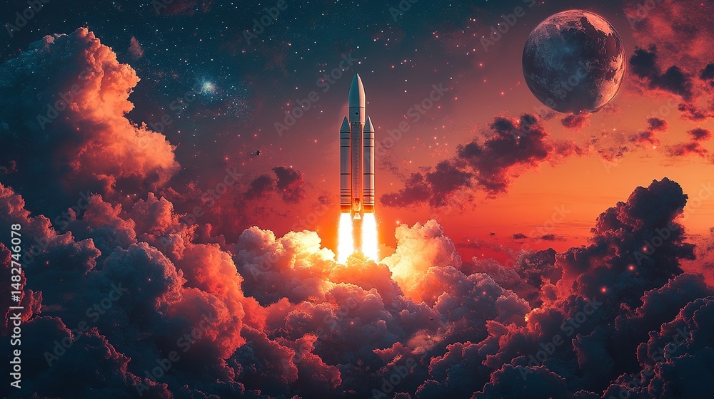 Poster rocket launch event outer space digital art dramatic clouds stunning viewpoint exploration concept