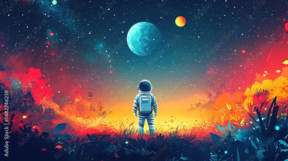 Poster astronaut exploring celestial bodies outer space digital art colorful universe scenic perspective co