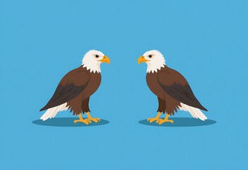 Two sharp-eyed eagles confronting each other against a cloudy blue sky