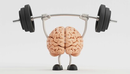 A 3d human brain with arms and legs suggests a strong, weightlifting workout for mental fitness, using its power to lift heavy ideas like a barbell in the gym, isolated for health and bodybuilding
