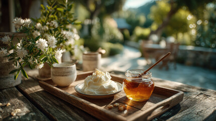 Jar of honey and bowl of whipped cream sit on wooden tray outdoors, surrounded by flowers and greenery