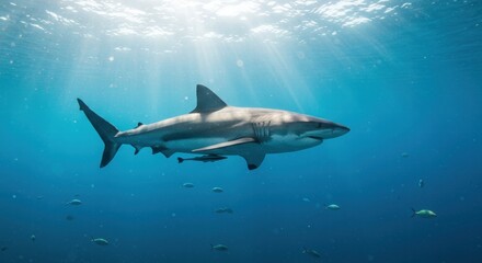 Fototapeta premium A great white shark in the ocean looking for prey