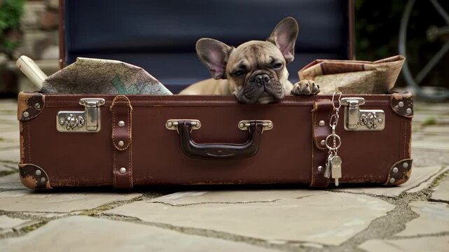 A relaxed French Bulldog lounging in an open suitcase filled with travel essentials on cobblestone - frenchie puppy