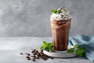 Chocolate Coffee Frappe: Whipped Cream, Mint, and Coffee Beans