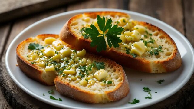 Crispy garlic bread presented on a white plate. Bread garnished with garlic butter and parsley.