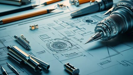 Precision engineering concept with mechanical tools and technical blueprint design