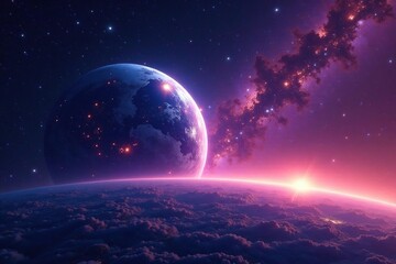 Stunning panoramic view of a vibrant planet against the backdrop of a vast, star-filled universe , astrophysics, science fiction