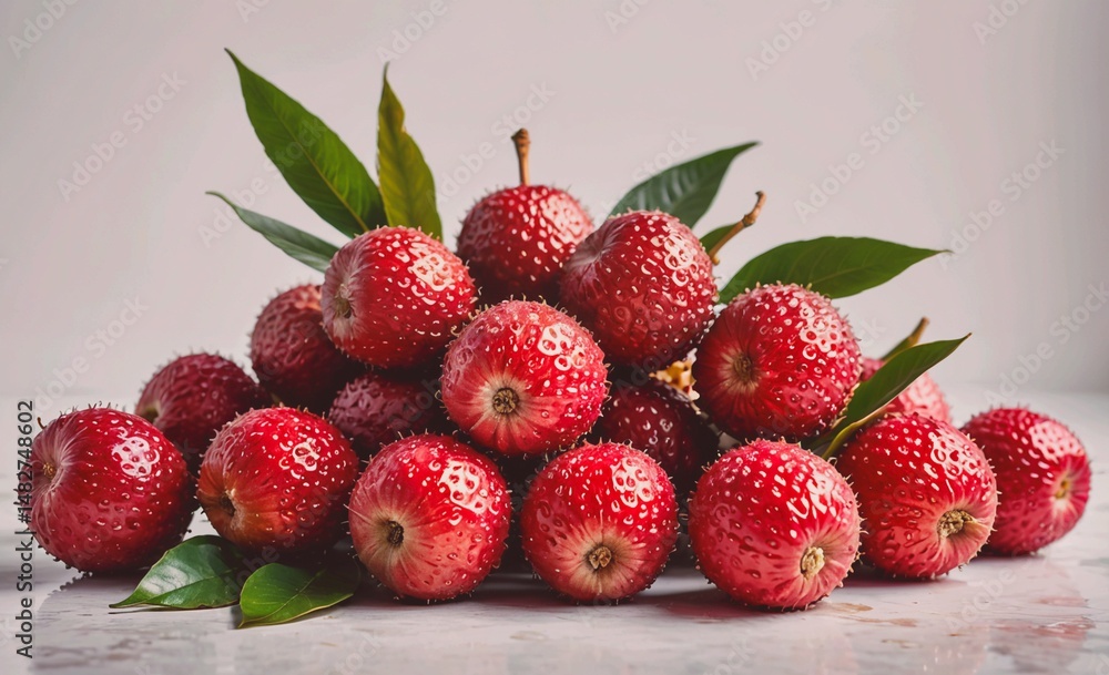 Poster pile of red apples with green leaves on top. the apples are shiny and ripe, and the leaves add a tou