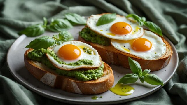 Croque-madame served with a fried egg, pesto sauce, and basil. Toasted sandwich with copy space and selective focus.