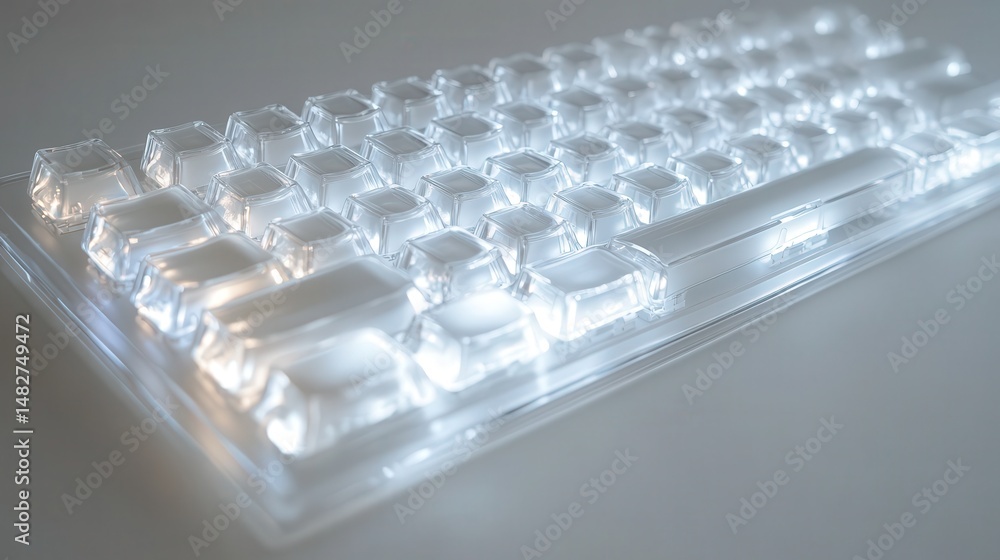 Poster clear keyboard, showcasing the individual transparent keys and their glowing effect under soft light