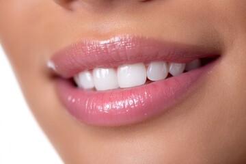 Fototapeta premium Detailed view of slightly parted lips revealing clean and straight teeth with visible gum line isolated on white background