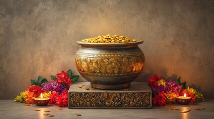 Golden Ornate Pot Filled with Coins Surrounded by Festive Flowers and Diyas for Akshaya Tritiya on a Traditional Pedestal
