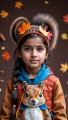 Nepalese female child wearing squirrel themed autumn fashion on a forest trail background