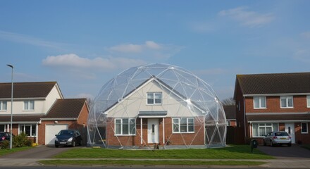 Fototapeta premium House surrounded by a geodesic dome structure in a residential neighborhood