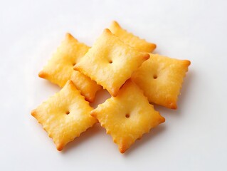 A delicious pile of square cheese crackers on a white surface