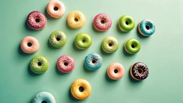 Vibrant donut arrangement transforms into artful pattern on green background