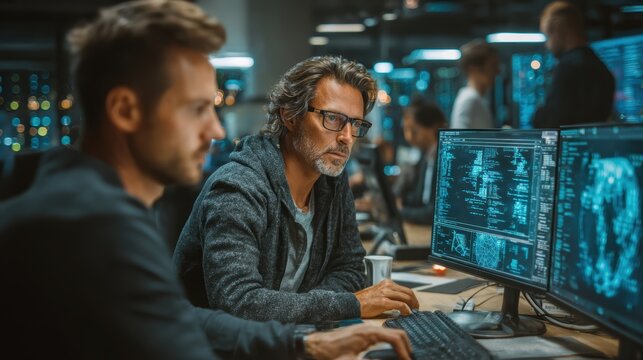 A cybersecurity consultant demonstrates data encryption methods to a corporate client in a modern office setting