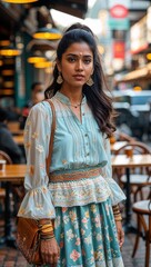 Sri Lankan female young adult wearing layered spring outfit on a morning street cafe background