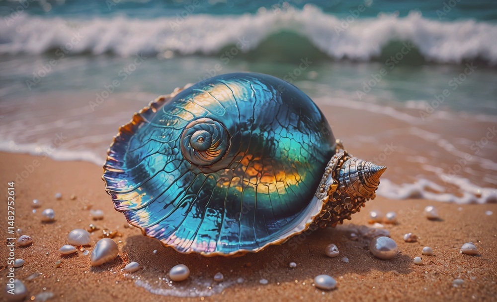 Fototapete Blue shell is on the beach with a lot of white pebbles. The shell is shiny and has a spiral shape