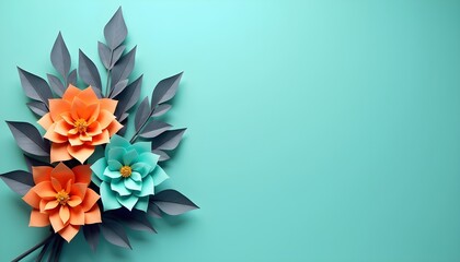 Obraz premium A bouquet of paper flowers with leaves on a turquoise background
