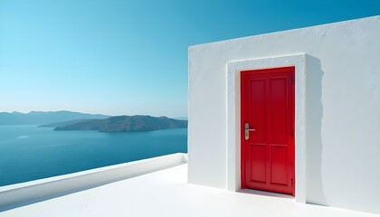 A bright red door on a white building with a stunning view of the ocean and mountains in the background