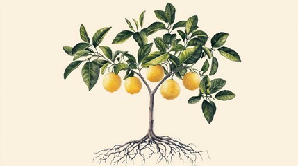 Fresh citrus tree featuring roots and blossoms, isolated for educational botanical illustrations or floral creative artwork.
