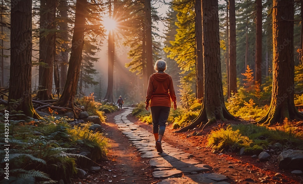 Poster woman is walking on a path in a forest. the sun is shining through the trees, creating a warm and pe