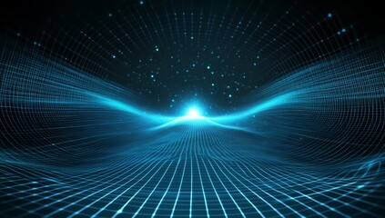 Obraz premium Abstract blue digital background with glowing lines and grid, representing technology or global network concept. The dark scene is illuminated by the bright 