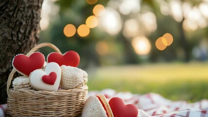 Romantic picnic setup with cookies and heart-shaped decorations