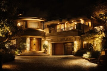Upscale Home Exterior at Night, Warm Lighting, Low Angle, Architectural Photography, Residential Building, Modern Design