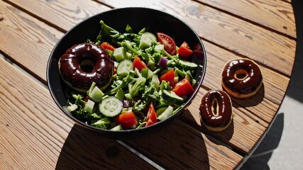Healthy green salad with sliced vegetables and chocolate doughnuts on rustic table, humorous food concept mixing fresh diet with sweet dessert temptation