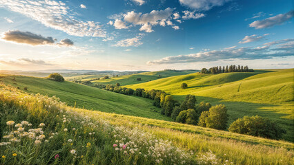 Summer landscape with green meadow and blue sky with white clouds.