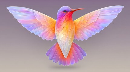 Iridescent Hummingbird in Flight, Low Poly Style, Purple Background