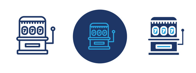 Set of 5 pixel perfect colored Slot machine icon with 1 unexpanded, 1 silhouette,  Casino slot machine with reels symbolizing gambling or entertainment.