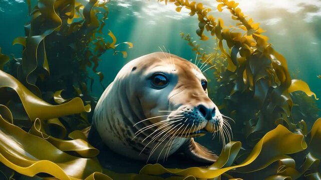 Top-down view of the Elephant seal within Kelp forest.